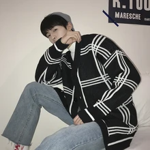 Осенние и зимние модные модели, большой клетчатый свитер, мужской свитер, кардиган, дикий свободный свитер, пальто, три цвета, в полоску