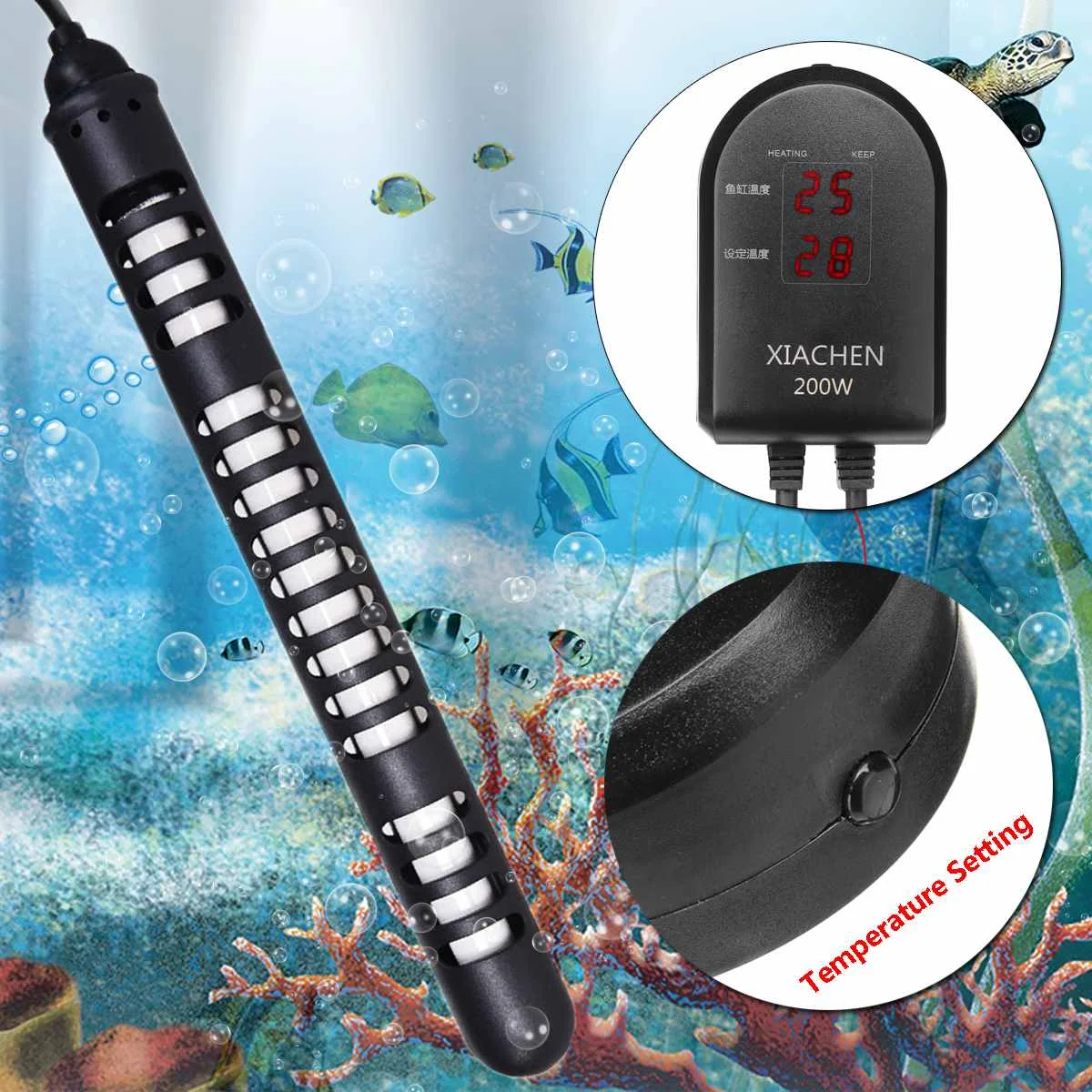 

Fish Tank Water Heater 220V-240V 200-1200W Aquarium Submersible LED Heating Rod Thermostat Digital Display Explosion-proof Chip