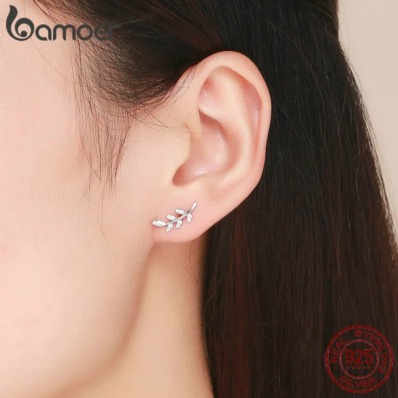 BAMOER Authentic 925 Sterling Silver Spring Leaf Leaves Clear CZ Zircon Stud Earrings for Women Fashion Earrings Jewelry BSE031