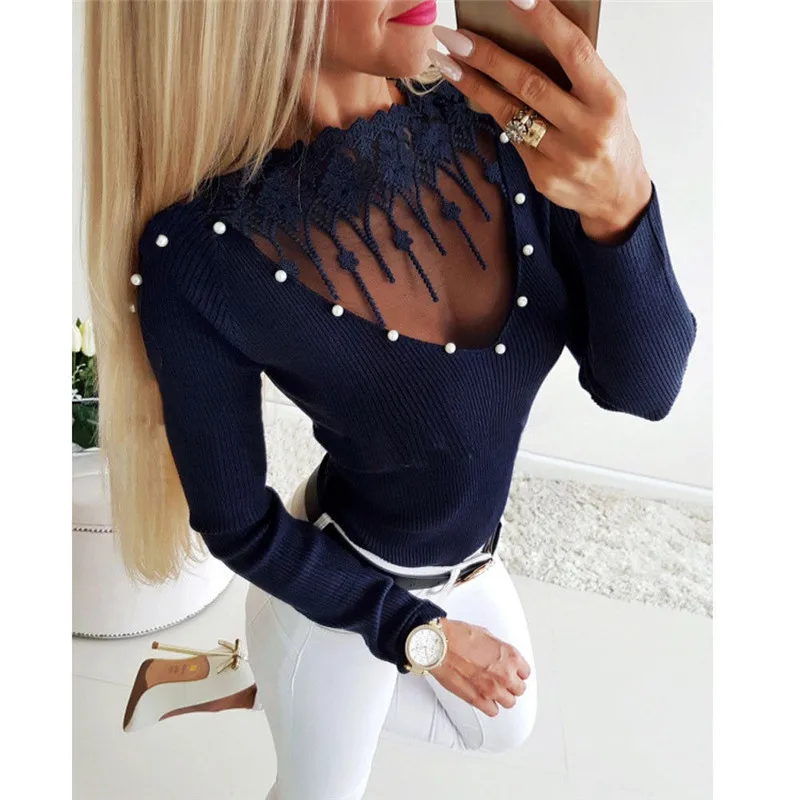 

Fashion Women Lace Mesh Patchwork Sweater 2019 New Spring Autumn Hollow Out Slim Fit Sweater Long Sleeve Pullover Tops Knitwear