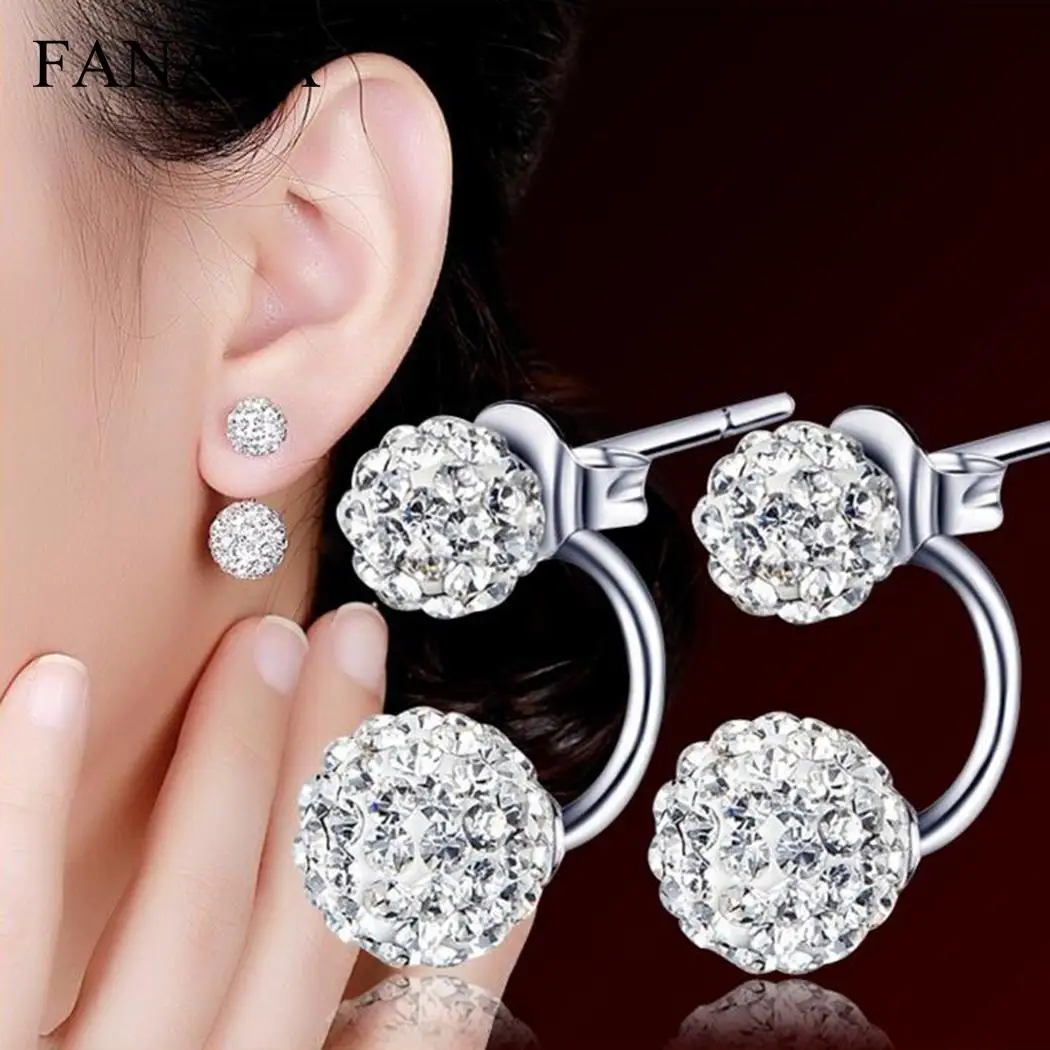 

1 Pair Women Stud Earrings Fashion Jewelry Silver Double Beaded Rhinestone Crystal Casual Party Piercing Earrings Geometry