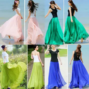 

Womens Boho Double Layer Chiffon Long Maxi Dress Beach Casual Sundress Skirt