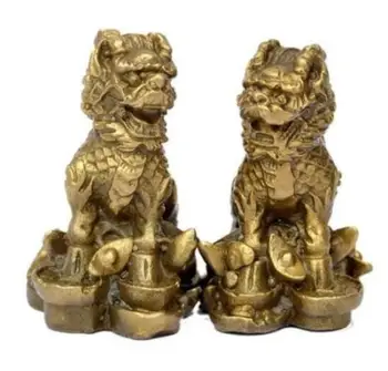 

Chinese Brass Money Wealth Yuan Bao Kylin Dragon Beast Statue Pair
