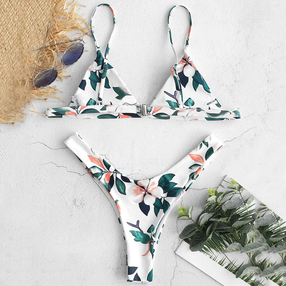 ZAFUL Leaf Print Набор для бикини с глубоким вырезом и Тонкий-бретельками Свободный мягкий купальник Пуловер Повседневный пляжный купальник Бикини