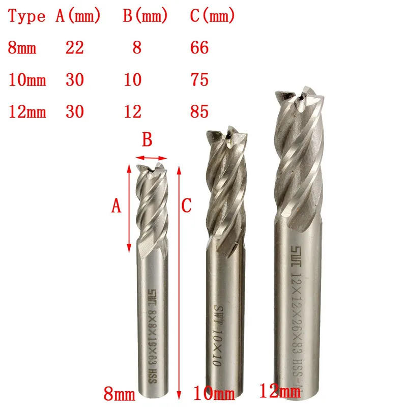 

Durable 3Pcs/set High Speed Steel Straight Shank End Milling Cutter 4 Flute End Mill Cutter 8/10/12mm for CNC Milling Tool