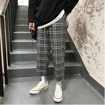 

Spring New Plaid Pants Men Fashion Retro Casual Straight Trousers Man Streetwear Hip Hop Loose Joggers Nine Pants Male