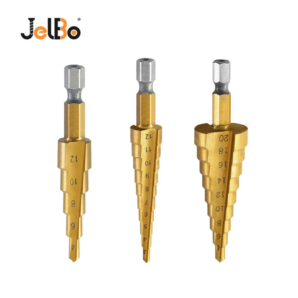 

JelBo Step Drill Bit Set Titanium Coated HSS Metal Hex Shank Drill Bits by Power Tool for Wood, Metal 3Pcs/Set 3-12/4-12/4-20mm