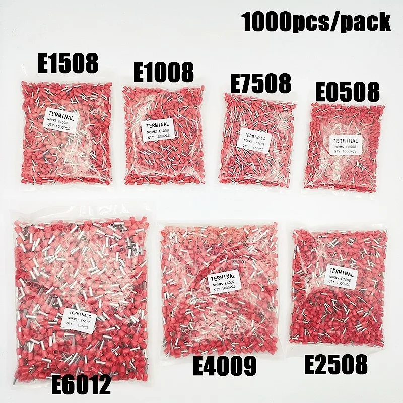 1000pcs/Pack E0508 E7508 E1008 E1508 E2508 Insulated Ferrules Terminal Block Cord End Wire Connector Electrical Crimp Terminator