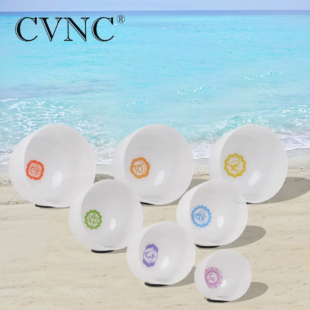 

Chakra pattern chakra tuned set of 7pcs 7" -14" Frosted Crystal Quartz Singing Bowl