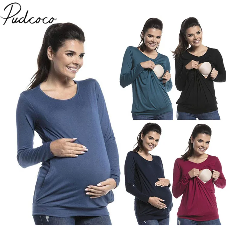 

2019 Brand New Long Sleeve Women Pregnant Maternity Clothes Nursing Tops Breastfeeding Casual Tee Solid T-Shirt Blouse Size