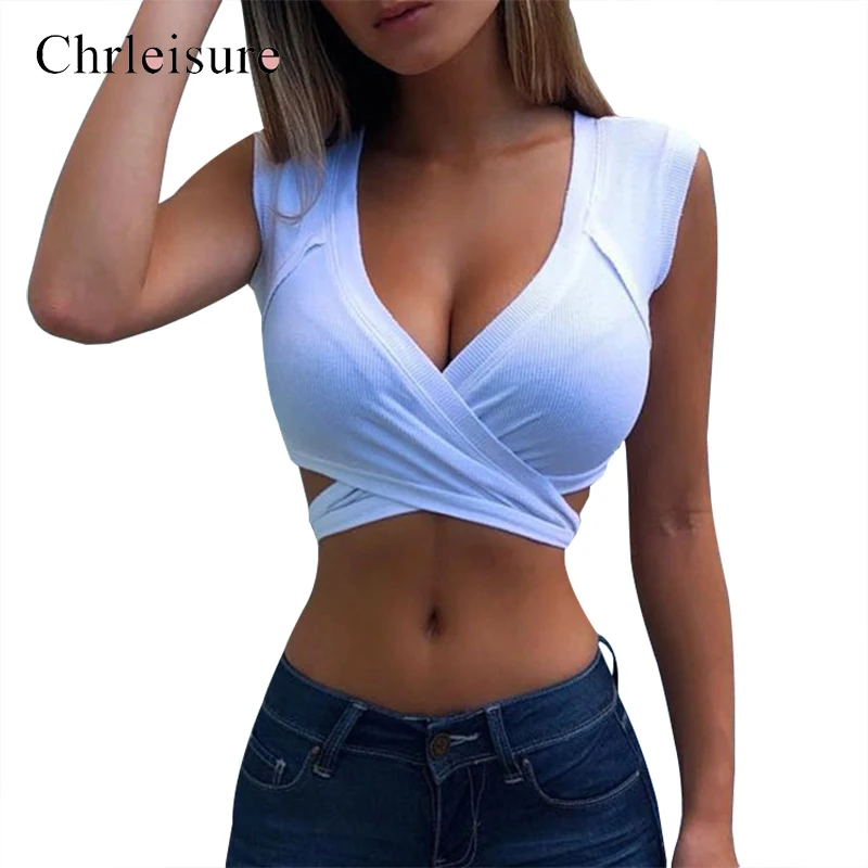 Женский бандажный топ Chrleisure летний однотонный короткий майка без рукавов с V