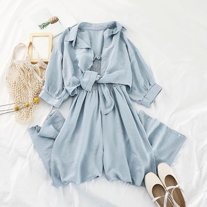 

2019 Summer Women Two Piece Set Fashion Short Coat Wide Leg Sets Casual Loose Strap Jumpsuit Set