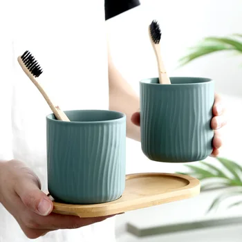 

WSHYUFEI Dumb Light Tree Pattern Originality Ceramics Gargle Cup 300ml Family Lovers bathroom set accessories toothbrush holder