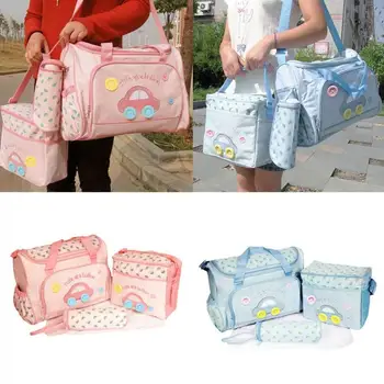 

4pcs/set Mummy Bag Mom Waterproof Cartoon Car Shoulder Bag + Handbag + Bottle Bag + Baby Changing Mat Women Baby Travel Bag Set