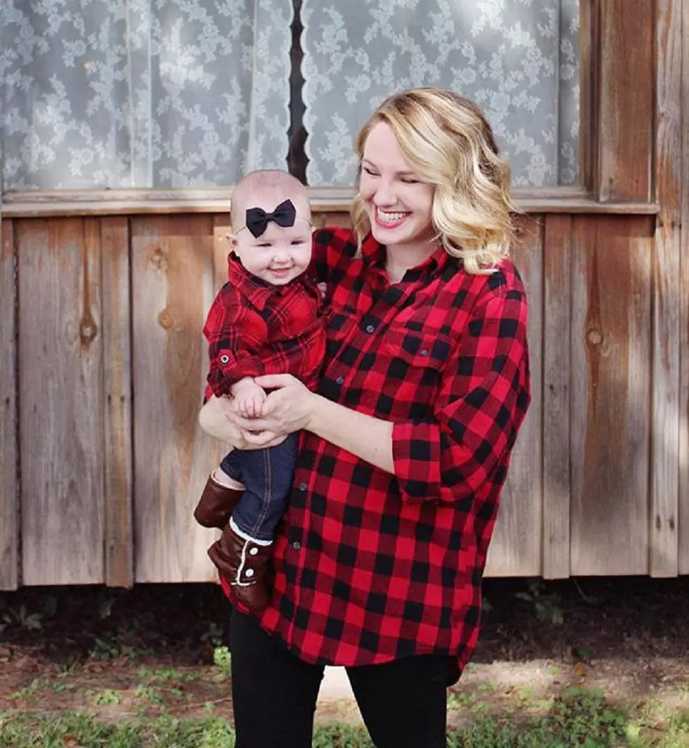 

Girl Gang Mother Daughter Family Matching Shirts Long Sleeves Clothes Red Plaid Top Blouse