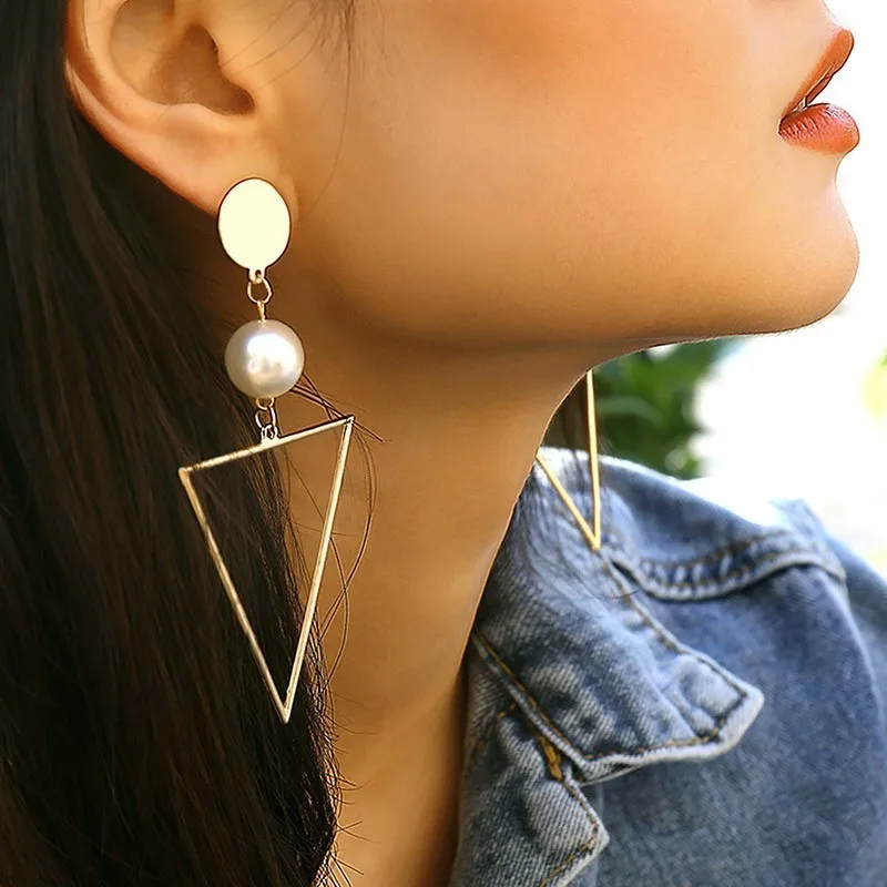 

JOUVAL New Personality Geometric Triangle Long Drop Earrings Women Boho Simulated Pearl Elegant Vintage Jewelry Eardrop Brincos