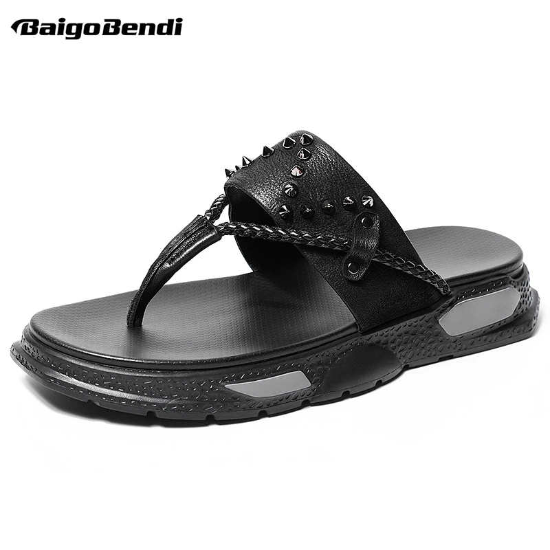 

Fashion Woven Leather Flip Flops Shoes Man Real Leather Thick Heel Summer Beach Holiday Shoes Boys Cool Slippers Outdoor