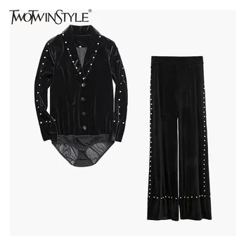 

TWOTWINSTYLE Velvet Diamond Two Piece Sets Women Long Sleeve Bodysuits High Waist Wide Leg Pants Female Fashion 2020 Spring New