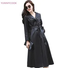 Темперамент длинный отрезок кожа Женская Осень Зима Одежда Новая корейская мода черный тонкий плюс размер 5XL кожаные пальто куртки Y35