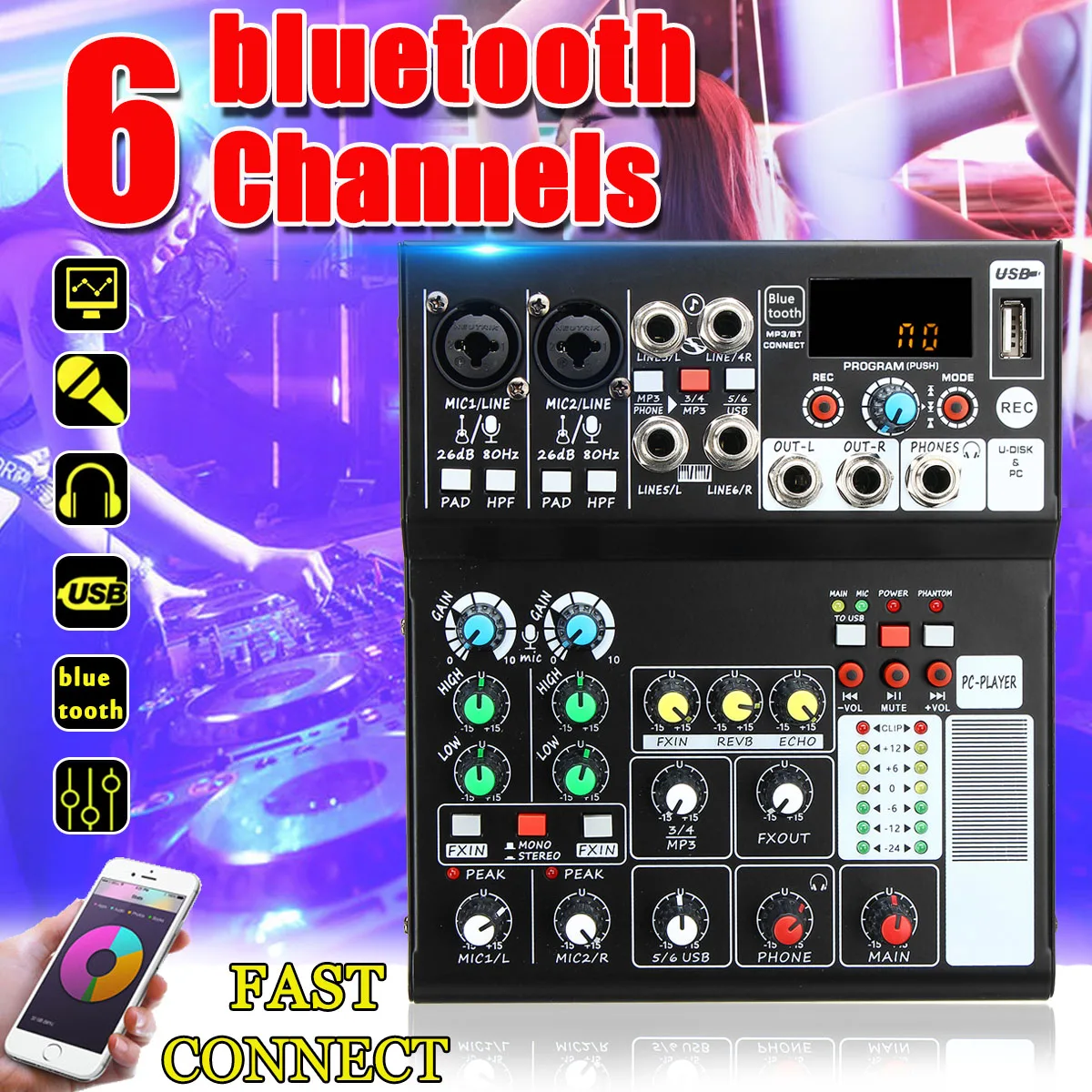 

Mini 6 Channels USB bluetooth Portable Audio Mixer Live Stage DJ Sound Mixing Console MP3 Jack 48V For Karaoke KTV Match Party