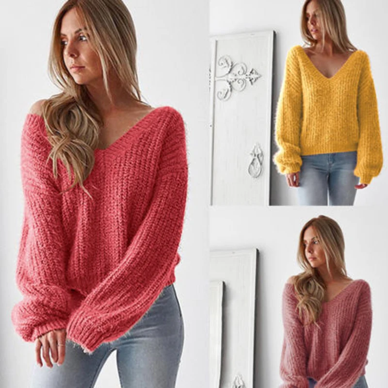 

Women Fashion Sweater Casual Long Sleeve Knitted Jumper Sweater Sexy V-neck Solid Office Ladies Back Bandage Plain Sweater