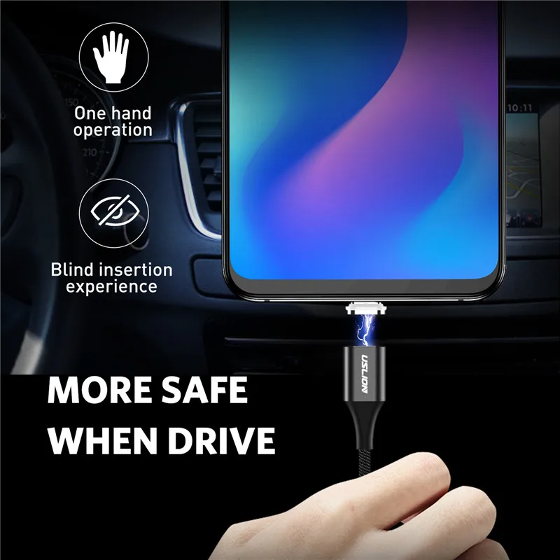 Магнитный кабель USLION 3A Micro USB Type C светодиодный магнитный для быстрой зарядки Samsung