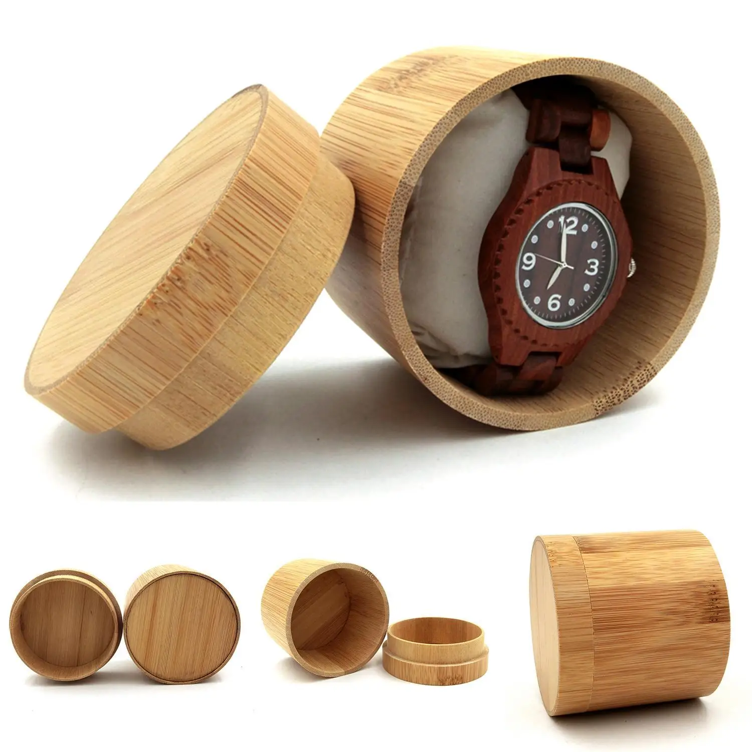 Деревянные часы ящик для драгоценностей Организатор Дисплей держатель чехол для хранения цилиндрической формы бамбука Multi-function