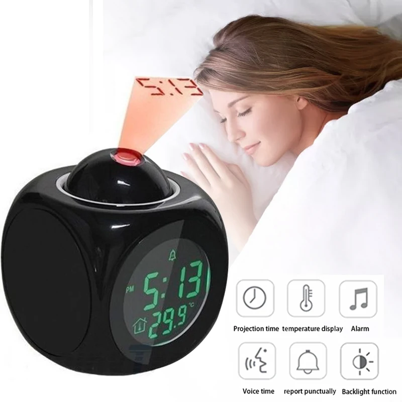 

Projection LED Display Time Digital Alarm Clock English Voice Report Prompt Thermometer One-button Timing Snooze Alarm Function