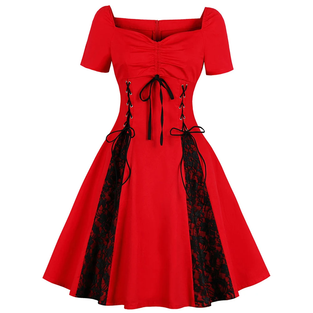 

Kenancy Vintage Lace Insert Ruched Pin Up Dress Women Short Sleeve Spring Dress Vintage Rockabilly Swing A-Line Party Dresses