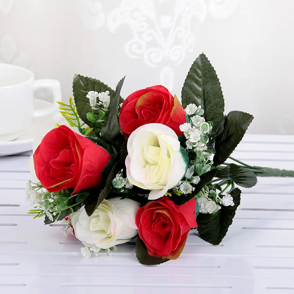 1pc 7 Heads Retro Artificial Rose Flowers Real Touch Bouquet