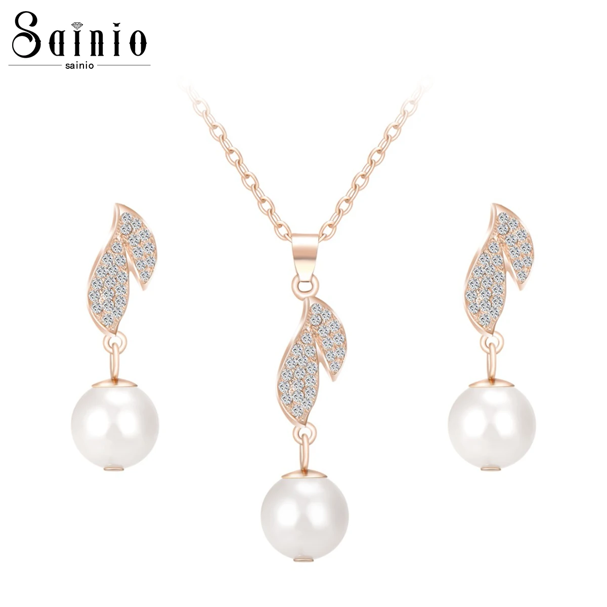 

Vintage Imitation Pearl Jewelry Sets Women Crystal Rose Gold Color Necklace Earring Sets Elegant Wedding Party Bridal Jewelry