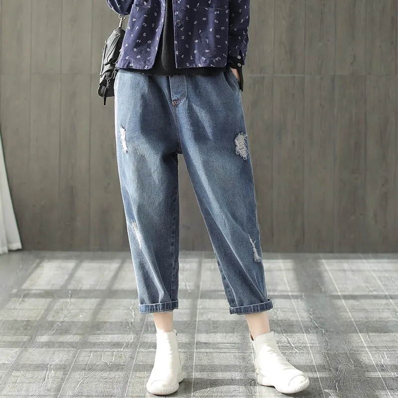 Стиль, рваные хлопковые свободные джинсы с эластичной резинкой на талии, один размер, повседневные джинсовые штаны с карманами и завязками
