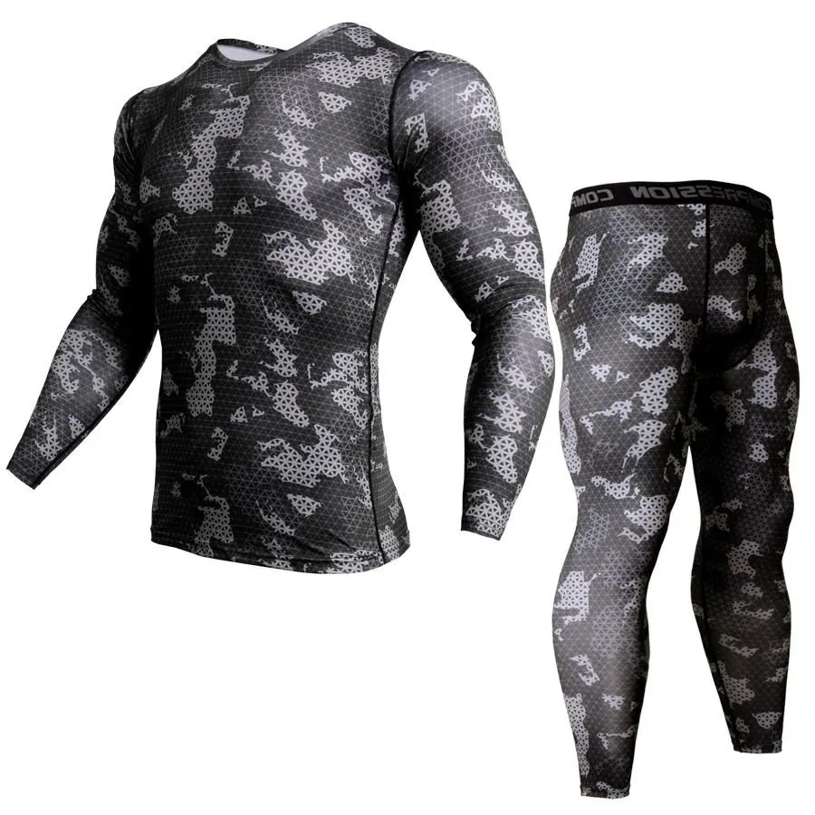 Термобелье комплект rash guard MMA компрессионная одежда леггинсы мужские unionsuit Бодибилдинг Футболка камуфляж спортивный костюм мужские