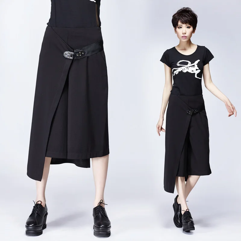 

[EWQ] 2019 New Spring Fashion Tide Black Color Personality High Waist Wide Flat Loose Leg Calf-length Pants Women QC093