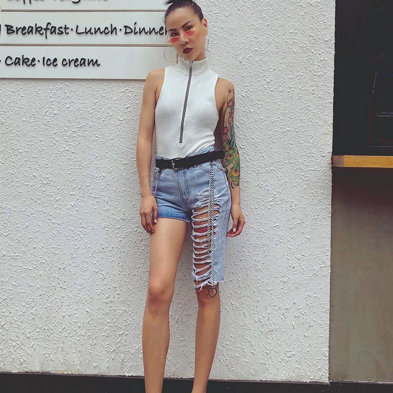 TWOTWINSTYLE Korean Streewear Jeans Women High Waist Asymmetrical Ripped Hole Female Denim Shorts Fashion Spring 2019 New