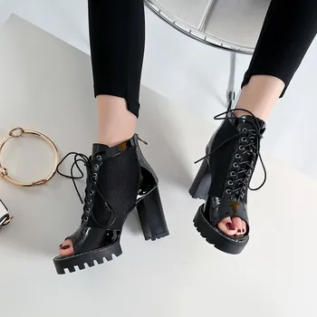 

2019 New Fashion Women's Spring Summer Boots Casual Ankle Boots Genuine Leather Thick High Heels Peep Toe Women Boots Size 35-41