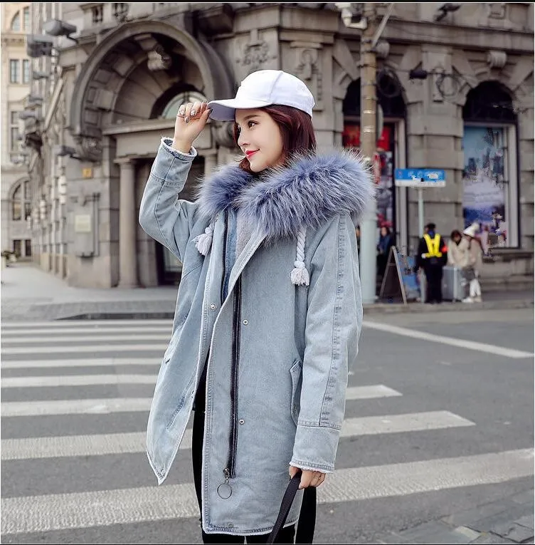 Col D'hiver Femmes Capuche Femelle 2018 Manteau Fourrure Grand Casual Parkas Bleu rose Lâche De À Denim Outwear Coton Veste Épaississement t5qn57pdxw