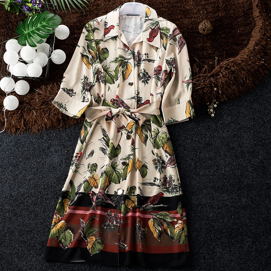 

Spring Half Sleeve Print Dress Women 2019 New Turn Down Collar Knee Length Belt Slim Chiffon Vestidos Fashion Womens Dresses