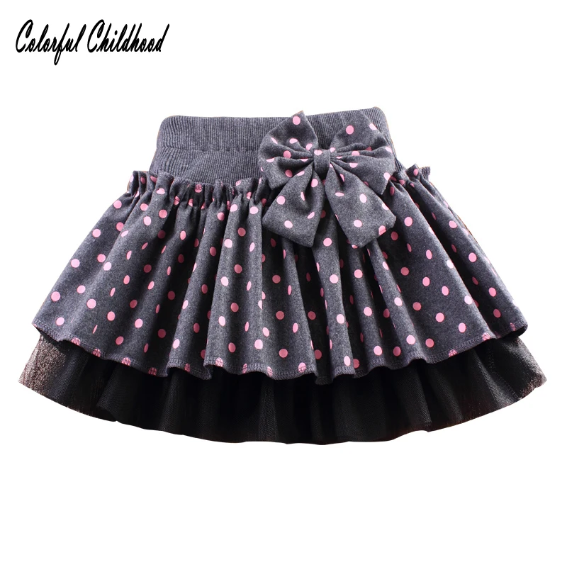 Cute Bowknots Child Skirt Kids Pleated Wool Blend Skirt Knited dot