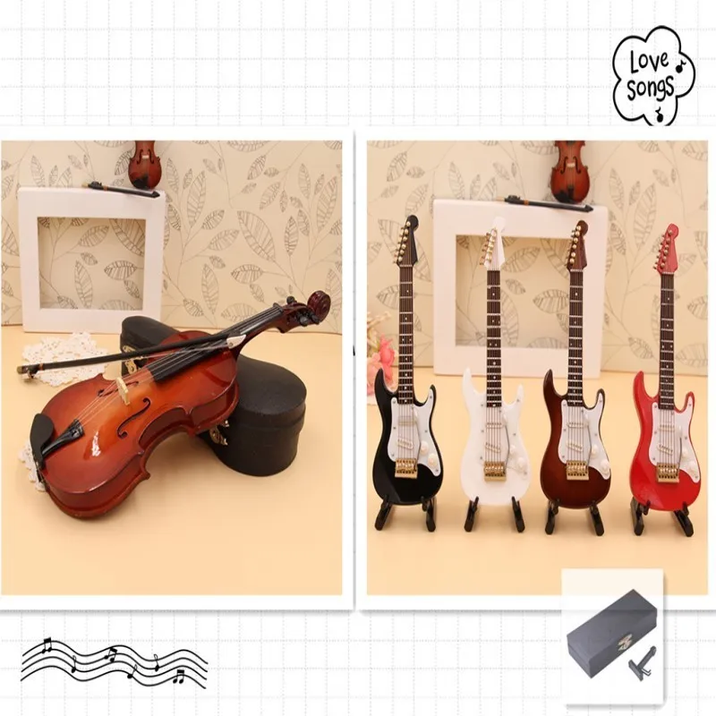 

Miniature Violin/Electric Guitar Model Wooden Replica with Stand and Patent Leather Case Dollhouse Accessories Christmas Gifts