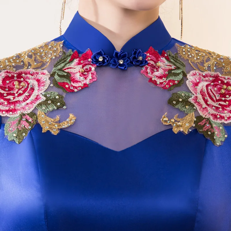 Qipao de noche bordado vestidos Cheongsams chino vestido de boda China Cheongsam princesa azul Baile Oriental ropa - 5