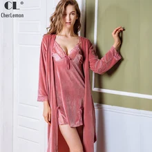 CherLemon велюр Халат Комплект женский сексуальный глубокий кружевной v-образный вырез Однотонная ночная сорочка и кимоно халат комплект Зимний женский халат для подружки невесты