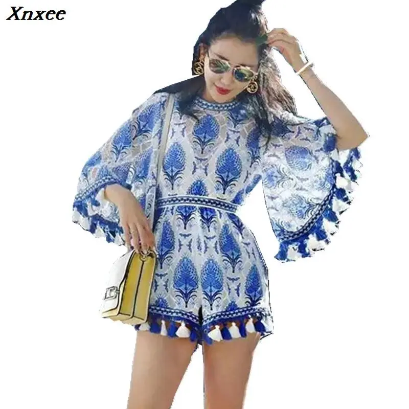 

Xnxee 2019 Boho Blue White Embroidery Elegant Jumpsuit Romper Summer Sexy Flare Sleeve Women Playsuit Beach Tassels Overalls