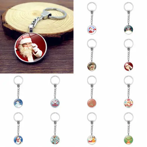 

Christmas Santa Claus Snowman Deer Gem Cabochon Key Chain Keyring Bags Pendant