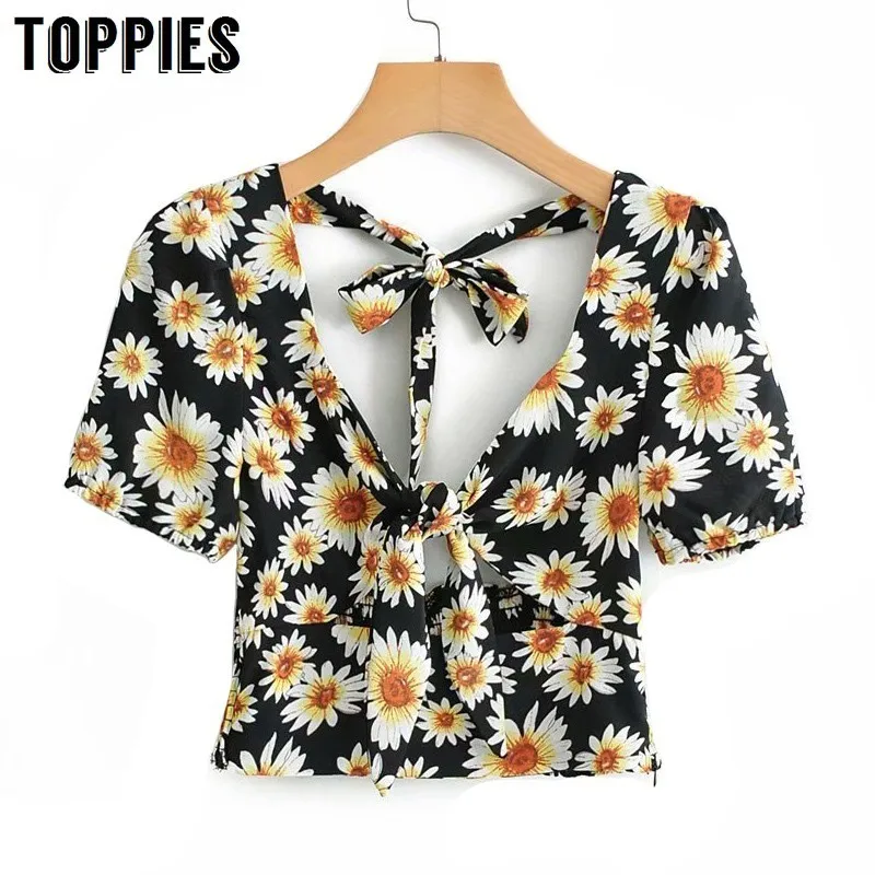 

Women Daisy Printing Short T-Shirt Short Sleeve Vacation Beach Tops Sexy Backless T-Shirts 2019 Summer Tops