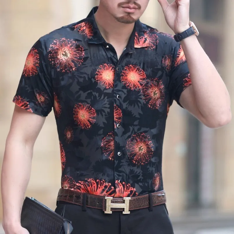 Рубашка Camisa Hombre Гавайский мужские рубашки Camicia Uomo 2019 Летние черные бархатные рубашки уличная рубашка с цветами прозрачный короткий рукав Рубашка Camisa Hombre Гавайский мужские рубашки Camicia Uomo 2019 Летние черные бархатные рубашки уличная рубашка с цветами прозрачный короткий рукав