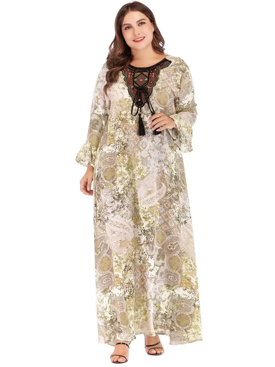 Women Muslim Long Dress Print Plus Size Embroidery Dubai Robe Casual Loose Abaya Gown Beading Drawstring Casual Islamic Clothes