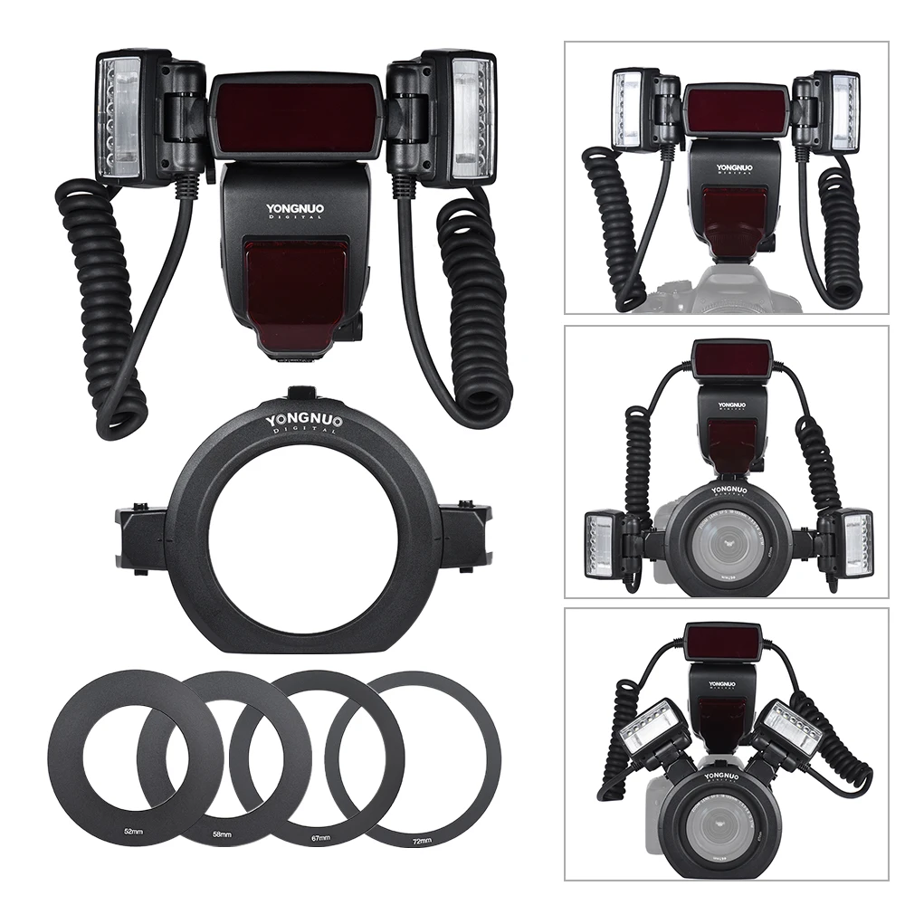 Camera Flash On Camera Flash Yongnuo YN14EX II/YN24EX/YN24EX E TTL Macro Flash for Canon EOS 1Dx 5D3 6D 7D 70D 80D Sony A7II 2*Flash Head+4*Adapter Ring
