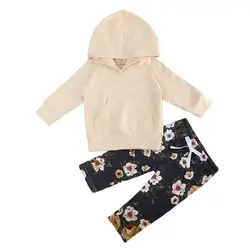 Одежда для новорожденных девочек от 0 до 18 м, топы с капюшоном и цветочным рисунком + длинные штаны, комплект одежды с цветочным принтом