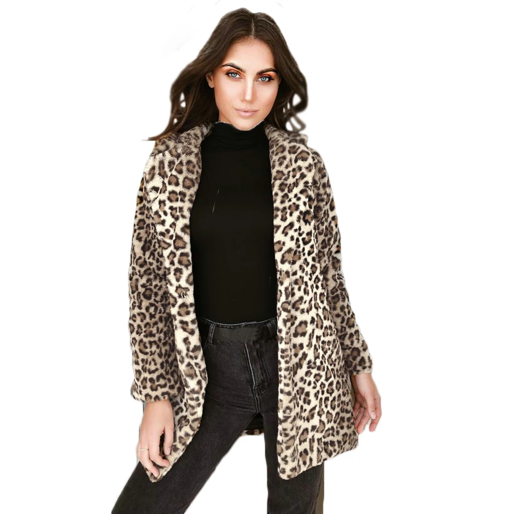 Kopen Womens Faux Fur Luipaard Winter Warme Lange Bovenkleding Size Plus Zachte Dames Parka Faux Fur Leopard Jas Jas Mode Slanke bont